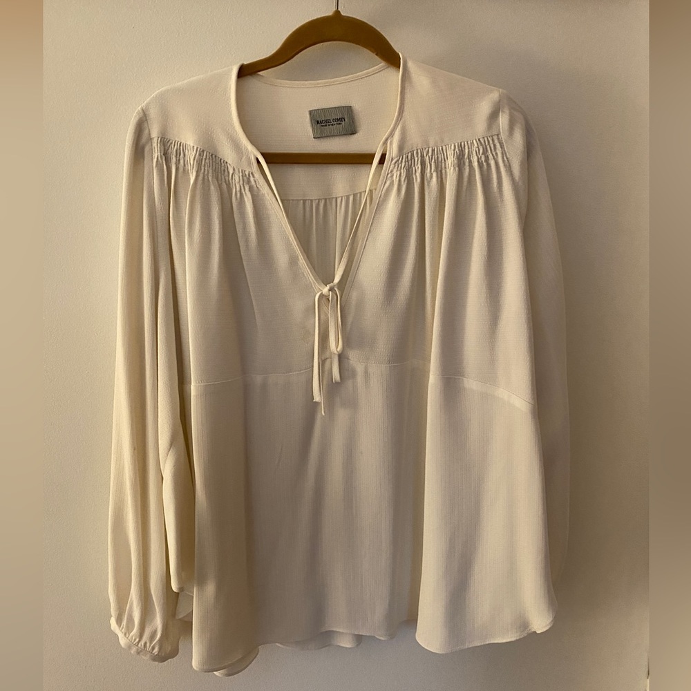 Rachel comey cream blouse with tie neck detail and flouncy sleeves
